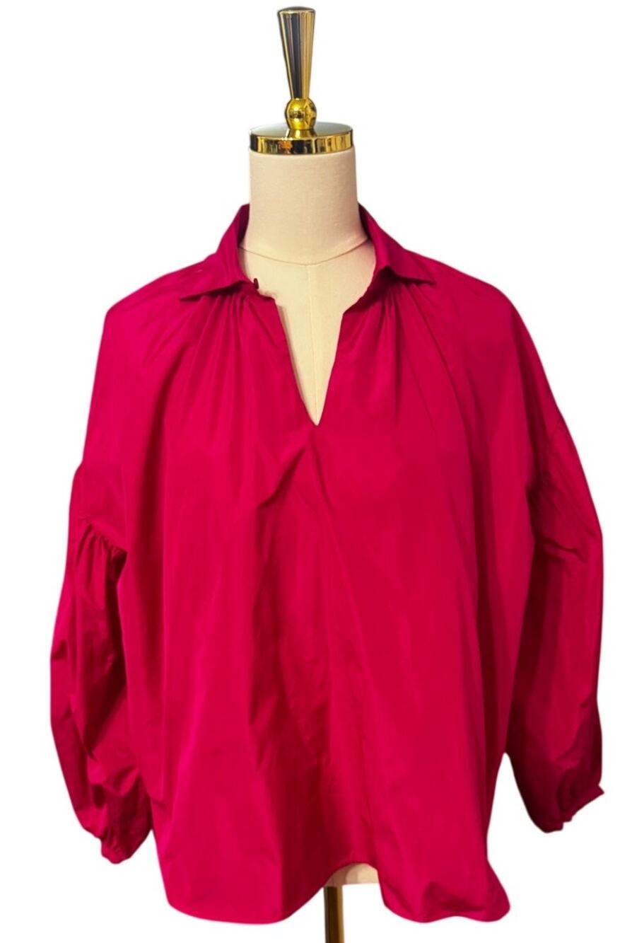 Psophía Taffeta Shirt Fuchsia Oversized Balloon Sleeve Popover Blouse XS $380